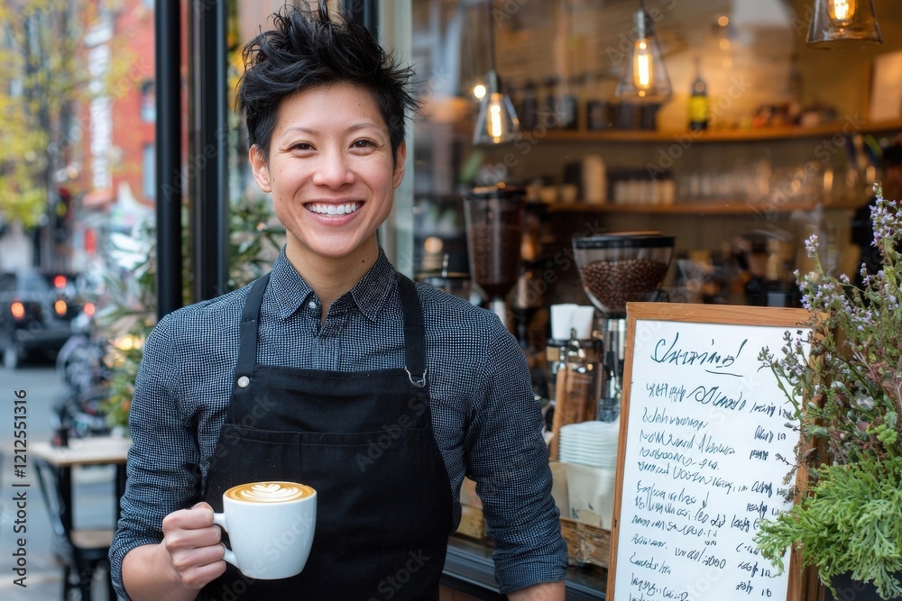 A smiling barista holds a latte with a beautiful foam design in front of a bustling cafe. The cafe features outdoor seating, and a chalkboard menu reflects the inviting atmosphere of the city.