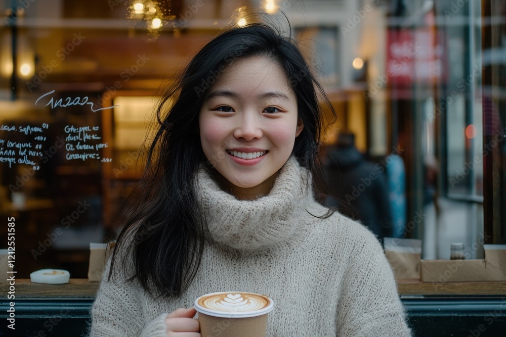 A young woman with long dark hair smiles brightly while holding a cup of coffee outside a warm cafe. The chilly atmosphere enhances her soft, cozy sweater and joyful expression.