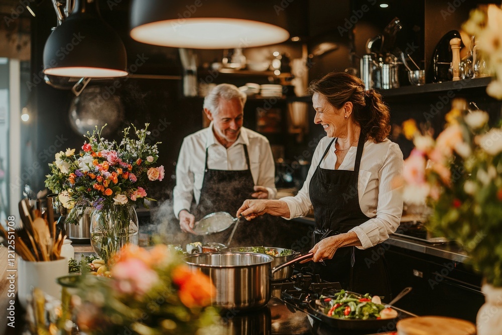 A couple is joyfully preparing a meal in a sleek kitchen filled with flowers. Steam rises from a pot as they share laughter, showcasing a warm and inviting atmosphere.