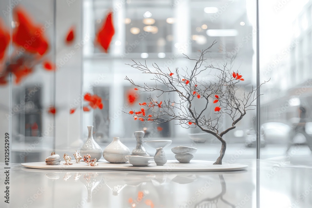 A serene display of various ceramic vases alongside an ornamental tree with bright red leaves takes center stage in a contemporary space. The background showcases a blurred urban scene.
