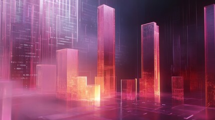 Poster - An abstract D bar chart with transparent bars of varying heights, floating in a digital space filled with numbers and graphs, illustrating data analysis.
