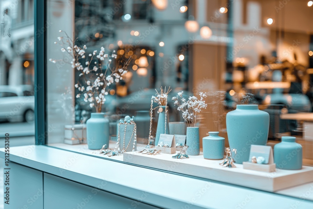 A boutique window features an array of elegant jewelry designs. Various decorative pieces are displayed on a light-colored surface, highlighting delicate materials and soft colors.
