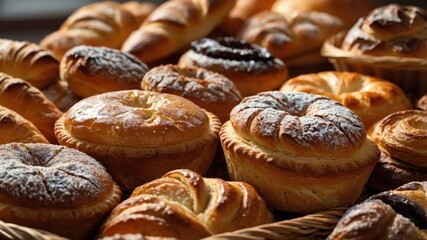 Wall Mural - A variety of freshly baked pastries arranged in a basket, showcasing their golden-brown textures.