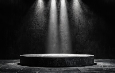 Poster - an empty room features a black wall bathed in light from a row of spotlights