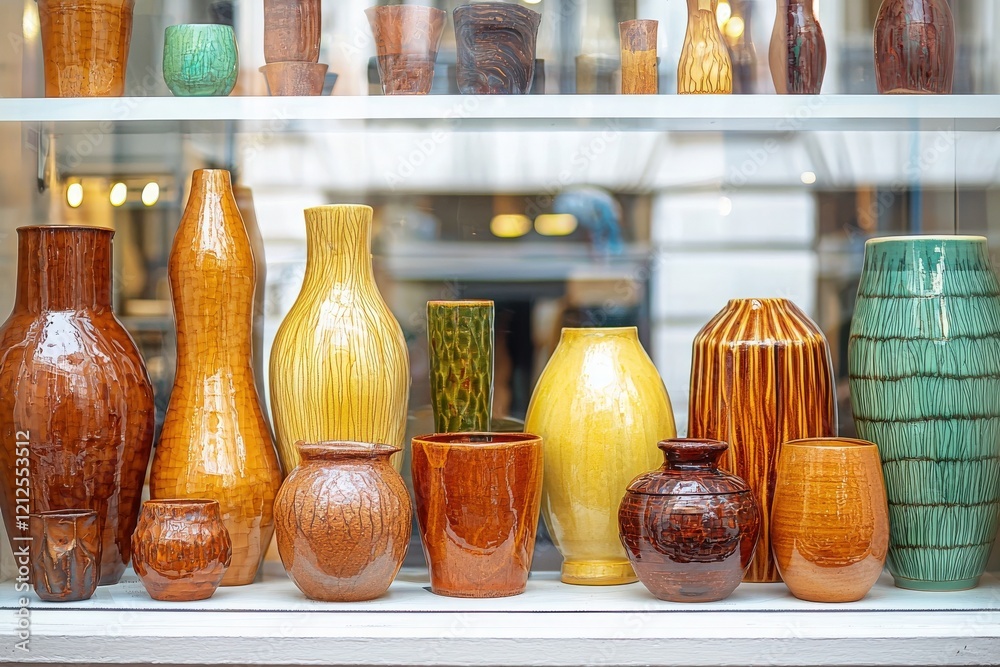 A collection of vibrant ceramic vases in various shapes and sizes is elegantly arranged in a shop window. The sunlit display highlights the rich colors and unique textures of each piece.