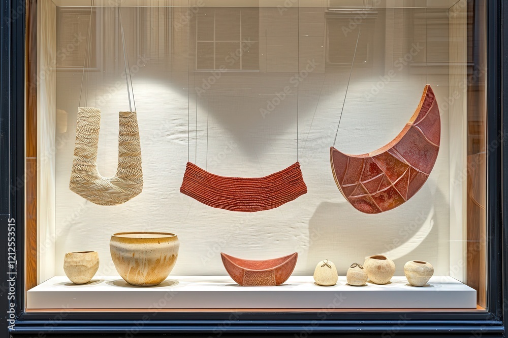 Unique handmade ceramic and textile pieces hang in a gallery window. The display features vibrant colors and diverse shapes, showcasing the creativity of local artisans during the evening hours.