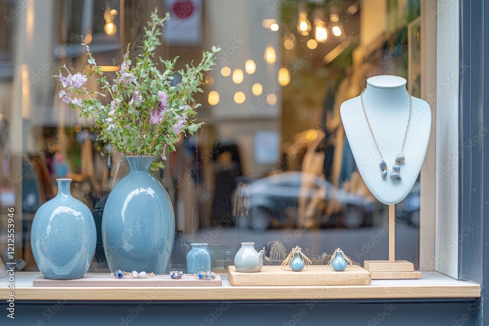 The boutique window showcases vibrant handmade jewelry alongside elegant decorative vases filled with fresh flowers. Soft lighting enhances the inviting atmosphere, attracting passersby.