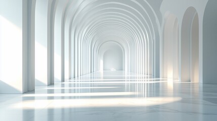 Poster - Sunlit white marble arched hallway.