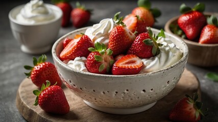 Sticker - A bowl of whipped cream topped with fresh strawberries, surrounded by more strawberries.