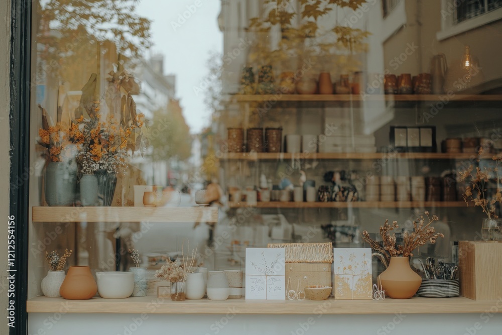 A beautifully arranged shop window showcases an array of handmade pottery, decorative items, and dried flowers. The quaint street outside is lined with trees, highlighting a peaceful atmosphere.