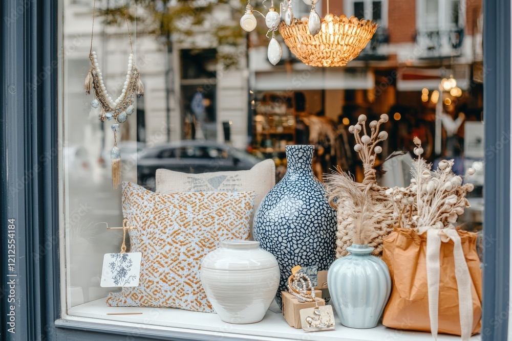 A cozy shop window showcases an array of decorative vases, cushions, and dried flowers. The warm lighting highlights the unique textures and colors, inviting passersby to explore further.