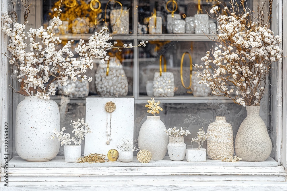 Charming arrangement showcases white ceramic vases filled with delicate dried flowers. Gold accents add warmth to the artistic display in a retail window during a sunny day.
