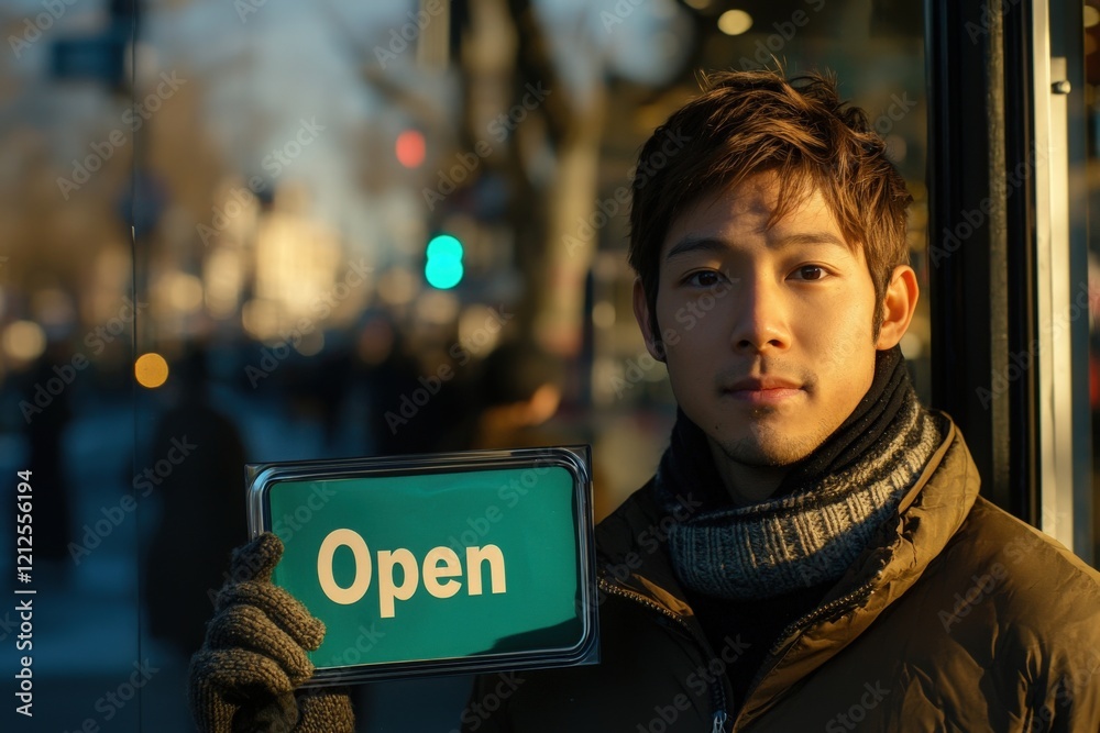 A young man stands outside a shop in the late afternoon, displaying an open sign with a friendly expression. The sun casts warm light, highlighting his winter attire.