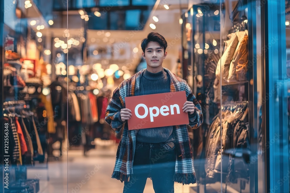 A young man stands in front of a clothing store, holding an open sign. The store is fully lit, showcasing various clothing items. It is early evening with a cozy atmosphere.