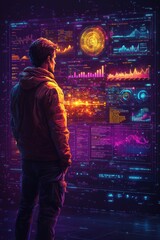 Poster - Person analyzing data on interactive digital screens with futuristic graphics
