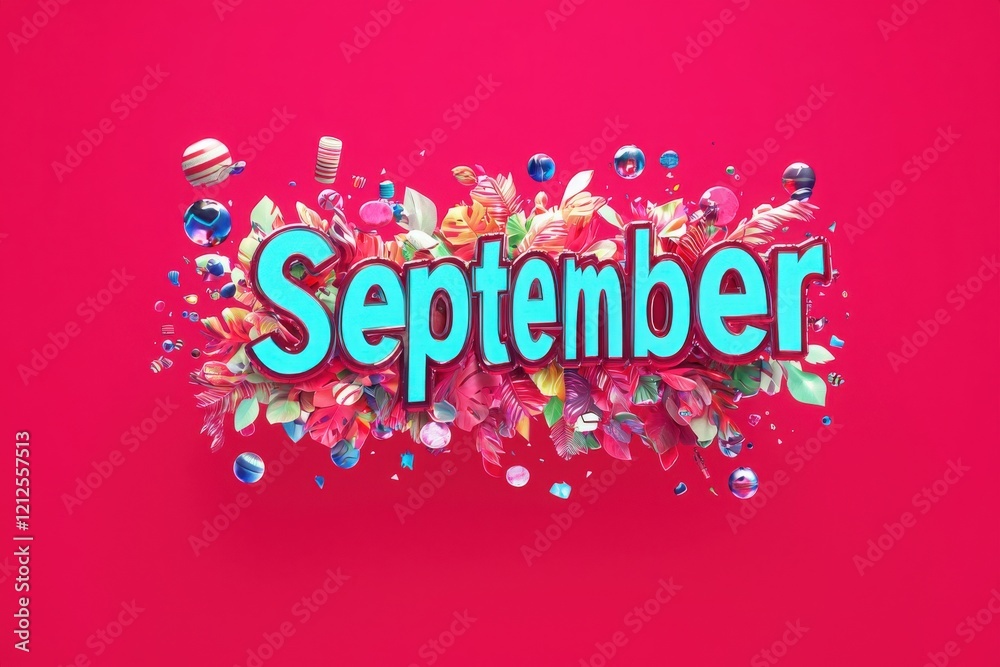 Colorful letters spelling September emerge from a burst of flowers and spheres, set against a vivid pink backdrop. This creative display suggests a joyful transition into fall.