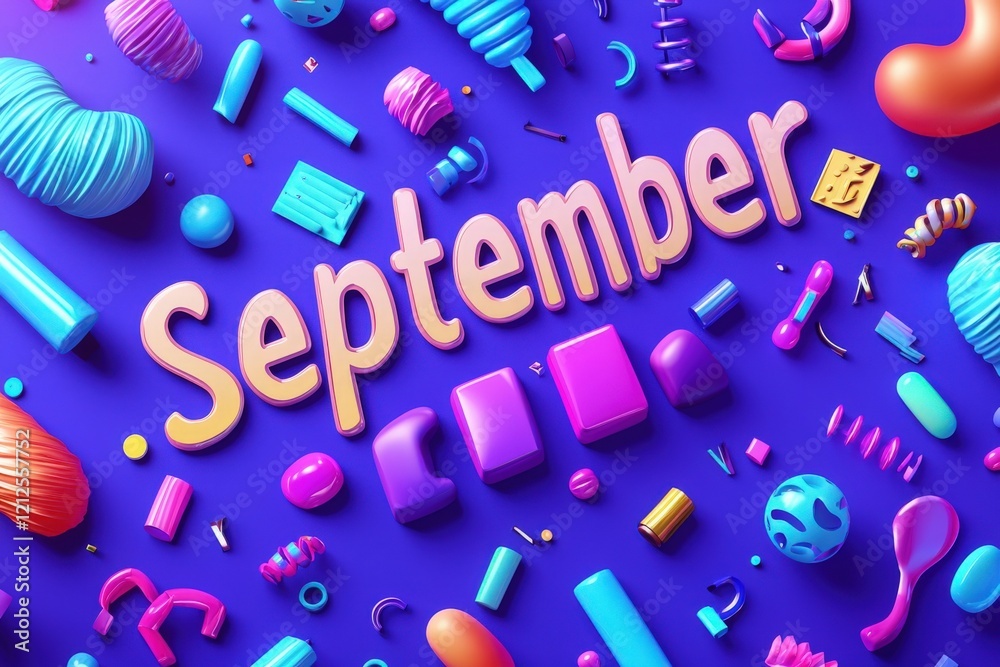 Bright and colorful decorations spell out September amidst various playful shapes against a purple backdrop. The vibrant scene captures the essence of fall with an artistic flair.