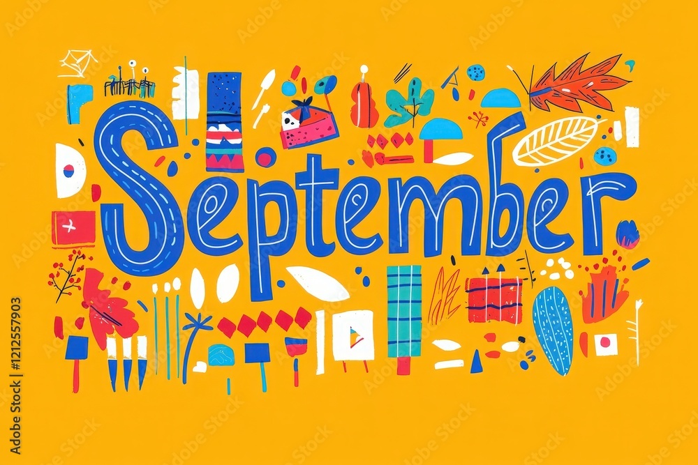 A vibrant illustration showcases the month of September, featuring playful designs and motifs in various colors. The artwork combines both abstract and seasonal elements, creating a joyful atmosphere.