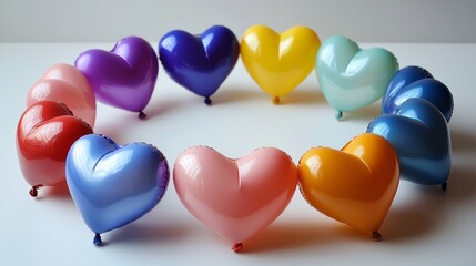 Poster - A stunning display of heart shaped balloons in a variety of colors arranged in a perfect circle. This cheerful arrangement evokes feelings of love and celebration, perfect for any joyful occasion