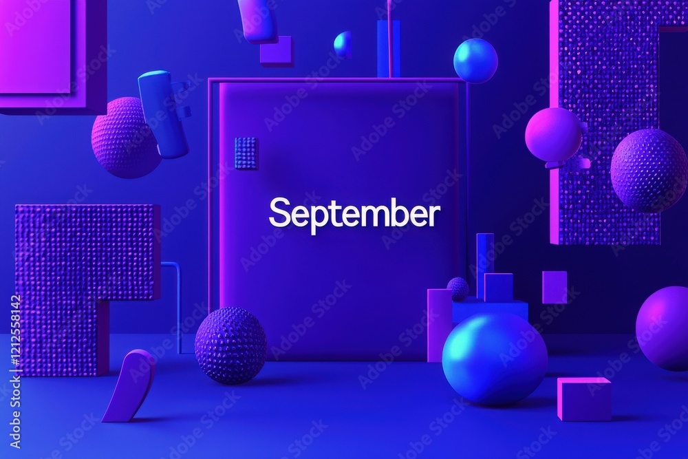 Bright, geometric shapes and textures in purple and blue surround the bold text marking the month of September, showcasing contemporary digital design elements and vibrant colors.