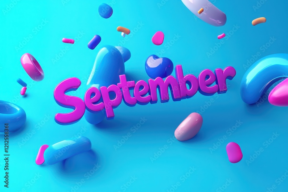 Bright and playful design featuring the word September in bold pink, surrounded by colorful abstract shapes on a striking blue background. The composition is cheerful and inviting.