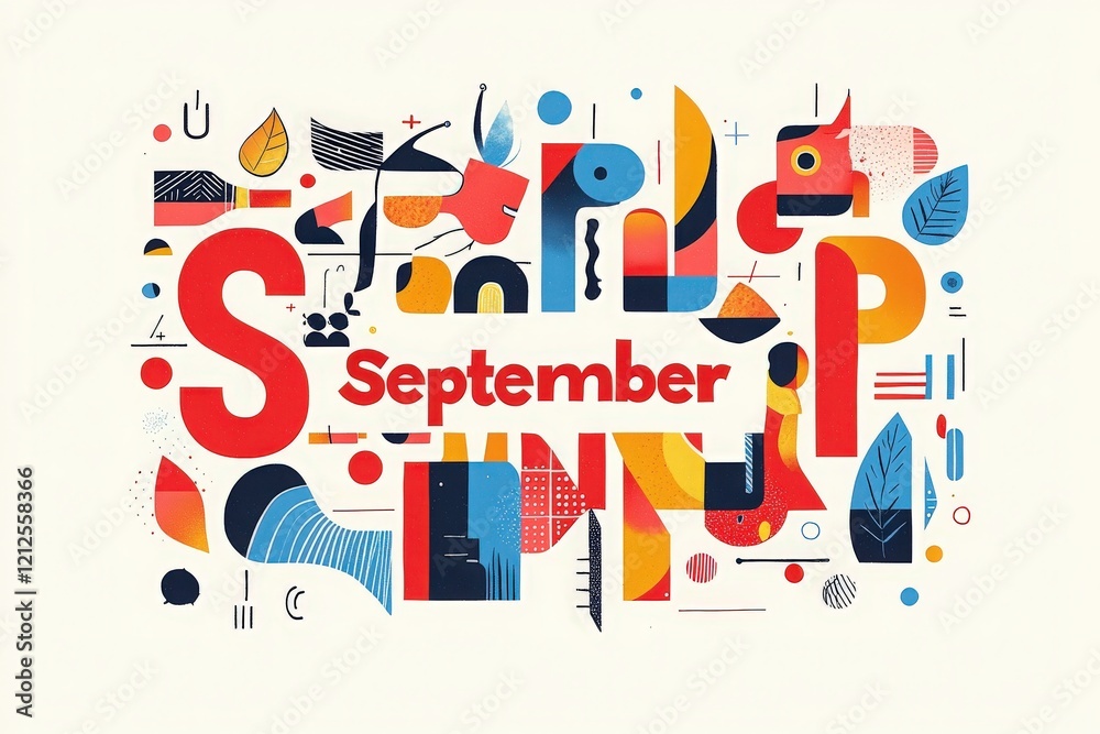 An artistic composition showcases the word September surrounded by playful shapes and bright colors, highlighting the transition into autumn and evoking a sense of creativity and change.