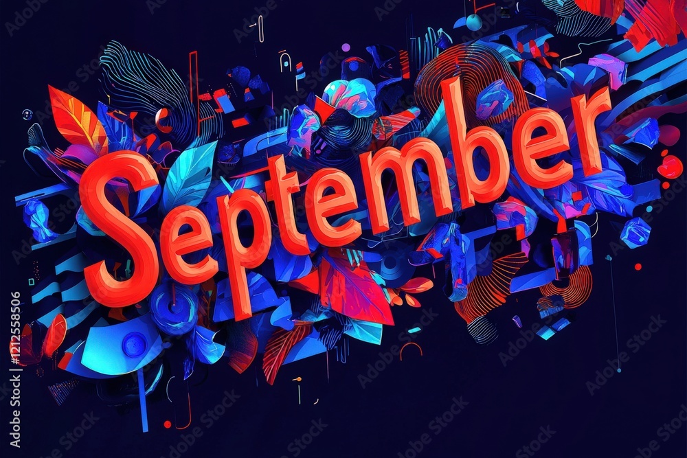 Bright and lively graphic showcases bold lettering for September surrounded by a mix of abstract shapes and colorful foliage, emphasizing the vibrancy of the autumn season.