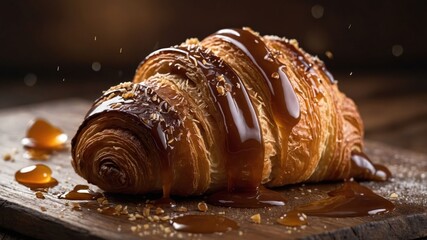 Wall Mural - A delicious croissant drizzled with caramel, set on a wooden surface.