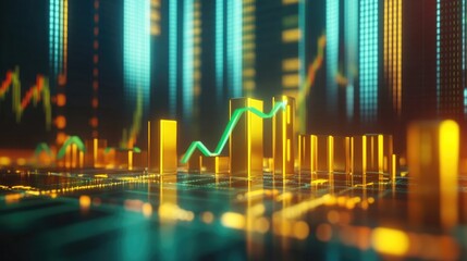 Poster - A D-rendered bar chart with gold bars and a green upward arrow, set against a backdrop of stock market data, symbolizing strong gold investment performance.