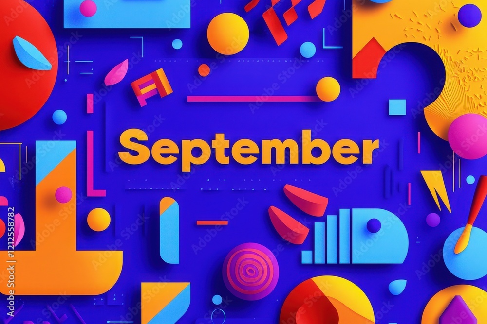 Brightly colored geometric shapes and patterns create an eye-catching design for September. The blend of colors and forms evokes a sense of creativity and seasonal change in a striking visual display.