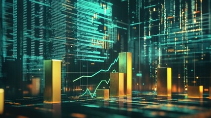 Poster - A D-rendered bar chart with gold bars and a green upward arrow, set against a backdrop of stock market data, symbolizing strong gold investment performance.