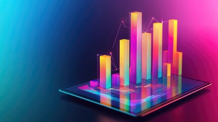 Poster - A D bar chart in vibrant colors emerging from a tablet screen, symbolizing modern data analytics and interactive technology in business.