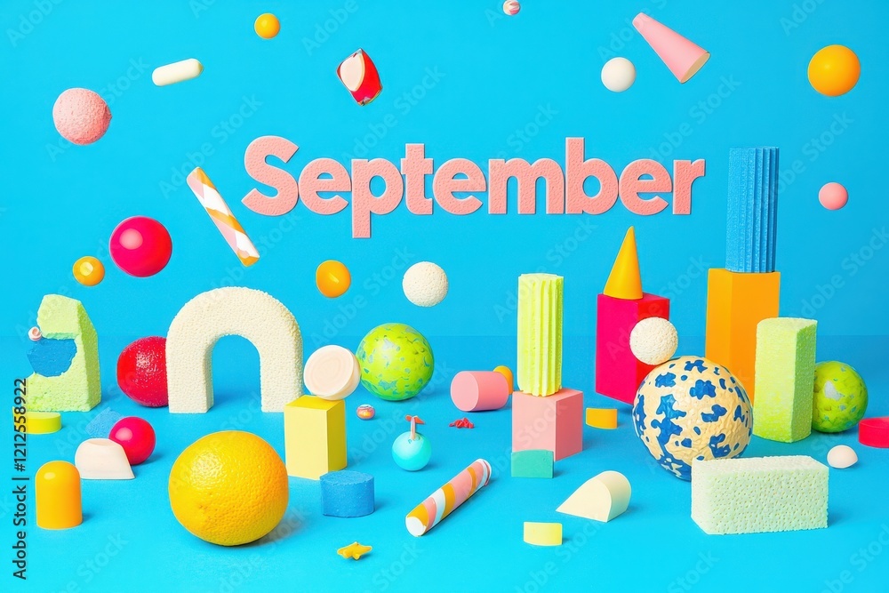 A collection of colorful geometric shapes in various sizes and textures is arranged against a bright blue background. The word September stands out, adding a festive touch to the composition.