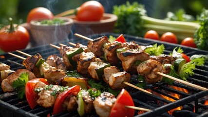 Sticker - Grilled chicken skewers with vegetables, garnished with herbs, on a barbecue grill.