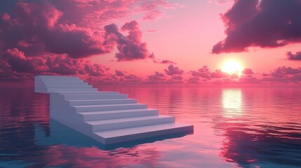 Poster - A white cube podium hovers above the ocean in an abstract, minimal surreal background
