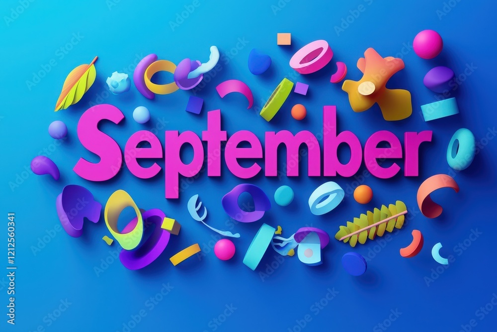 Colorful, abstract shapes and playful designs surround the prominent word September. The vibrant arrangement conveys a cheerful vibe, celebrating the arrival of fall.
