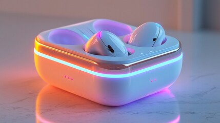 Poster - Wireless earbuds charging in illuminated case.