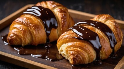 Wall Mural - Two croissants drizzled with chocolate sauce on a wooden tray.