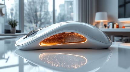 Poster - Futuristic white computer mouse with illuminated interior on a desk.