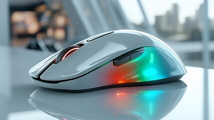 Aufkleber - Modern wireless computer mouse with RGB lighting on a reflective surface.