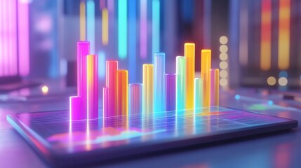Poster - A businessperson analyzing a D bar graph on a tablet, with vibrant bars illustrating growth trends, set against a modern office backdrop.