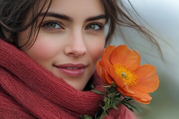 A woman is seen holding an orange flower in her hand