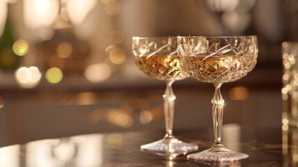 Two crystal champagne glasses with cut patterns, one on the right and another on the left, on a tabletop