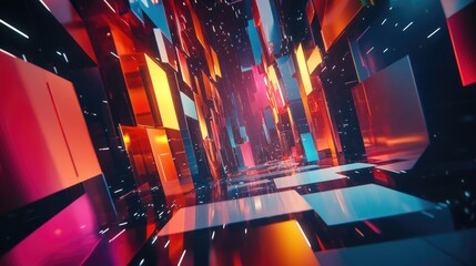 Poster - Abstract Digital Cityscape with Colorful Geometric Shapes and Reflective Surfaces