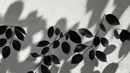 Aufkleber - Dark foliage casting dramatic leaves shadows against white textured wall, forming geometric natural silhouette pattern video 4k