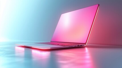 Poster - Pink laptop with neon lights on reflective surface.