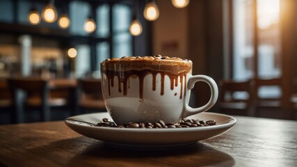 Wall Mural - A beautifully crafted coffee cup with drizzled caramel, resting on a plate of coffee beans.