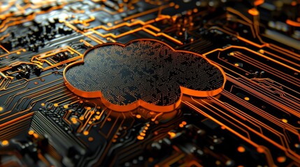 Poster - In a 3D render, a microchip with a cloud symbol showcases data storage technology. Orange neon data moves between the CPU and the user through a futuristic motherboard.
