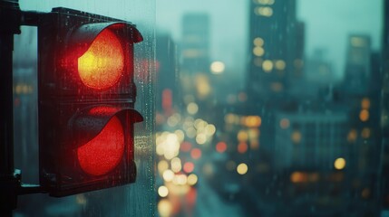 Poster - A close-up of a traffic light changing from red to green, with a blurred cityscape in the background, capturing the essence of urban traffic flow.