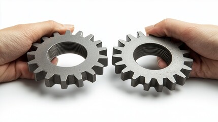 Aufkleber - Two hands hold interlocking gears that mesh perfectly together, showcasing the harmony of engineering. This representation of mechanics highlights teamwork and innovation in motion